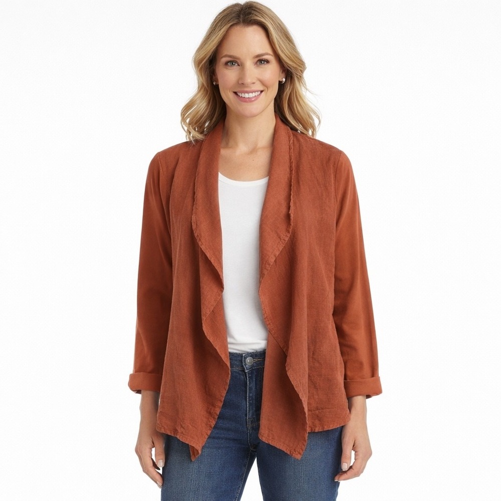 Flax Women's 100%‎ Linen Cardigan Sweater Blazer Small Orange Open Front Coastal